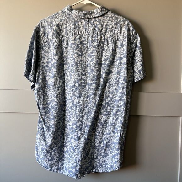 Banana Republic Linen Button Up Shirt Men Sz L Blue Chambray Floral Short Sleeve - Picture 7 of 11